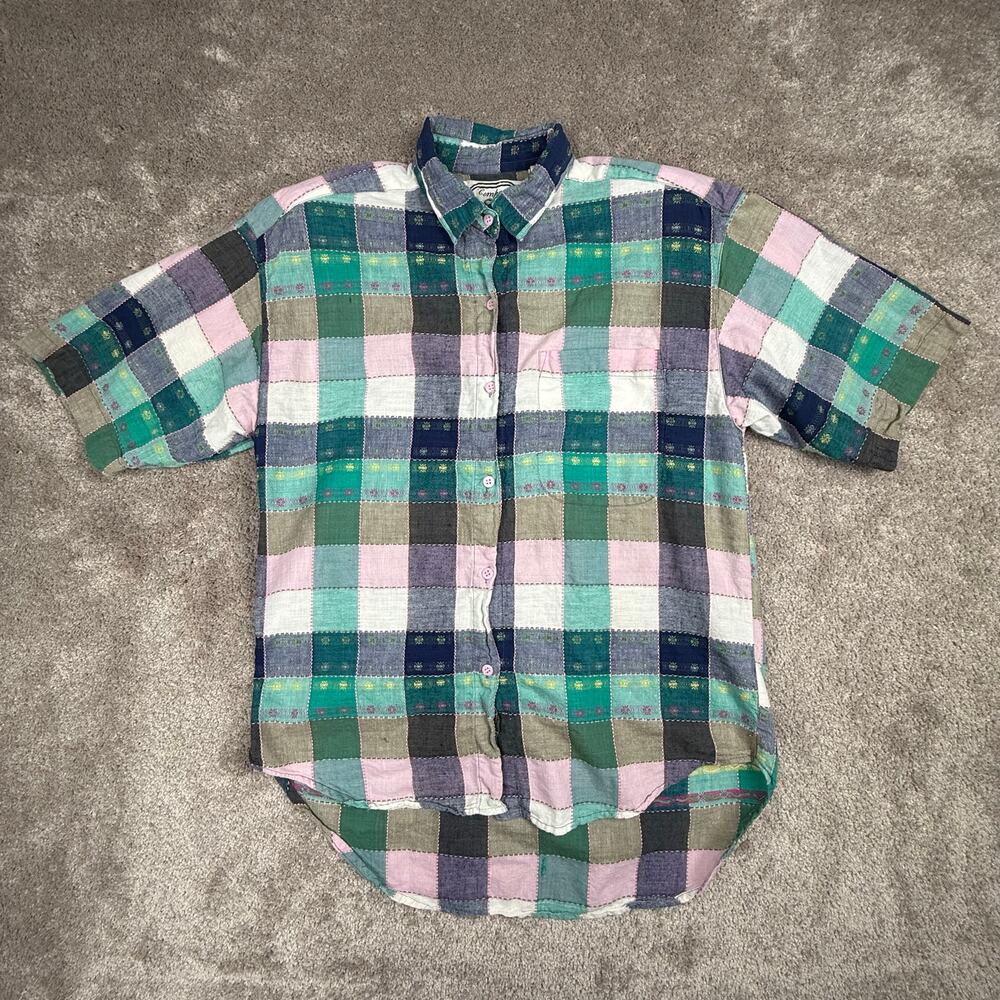 Company One Plaid Short Sleeve Button Down Shirt Pastel Multi Color Women Size L